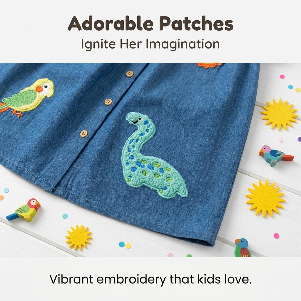 Short-Sleeved Denim Dress Summer Children'S Dress With Appliqué Embroidery Cartoon Fashion Lace Sleeves Children'S Dress
