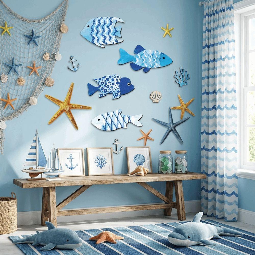 Drewniana ryba w stylu marynistycznym Dekoracja ścienna Motyw oceaniczny Marynistyczna sztuka ścienna Ryba wiszący dekor Sztuka do łazienki