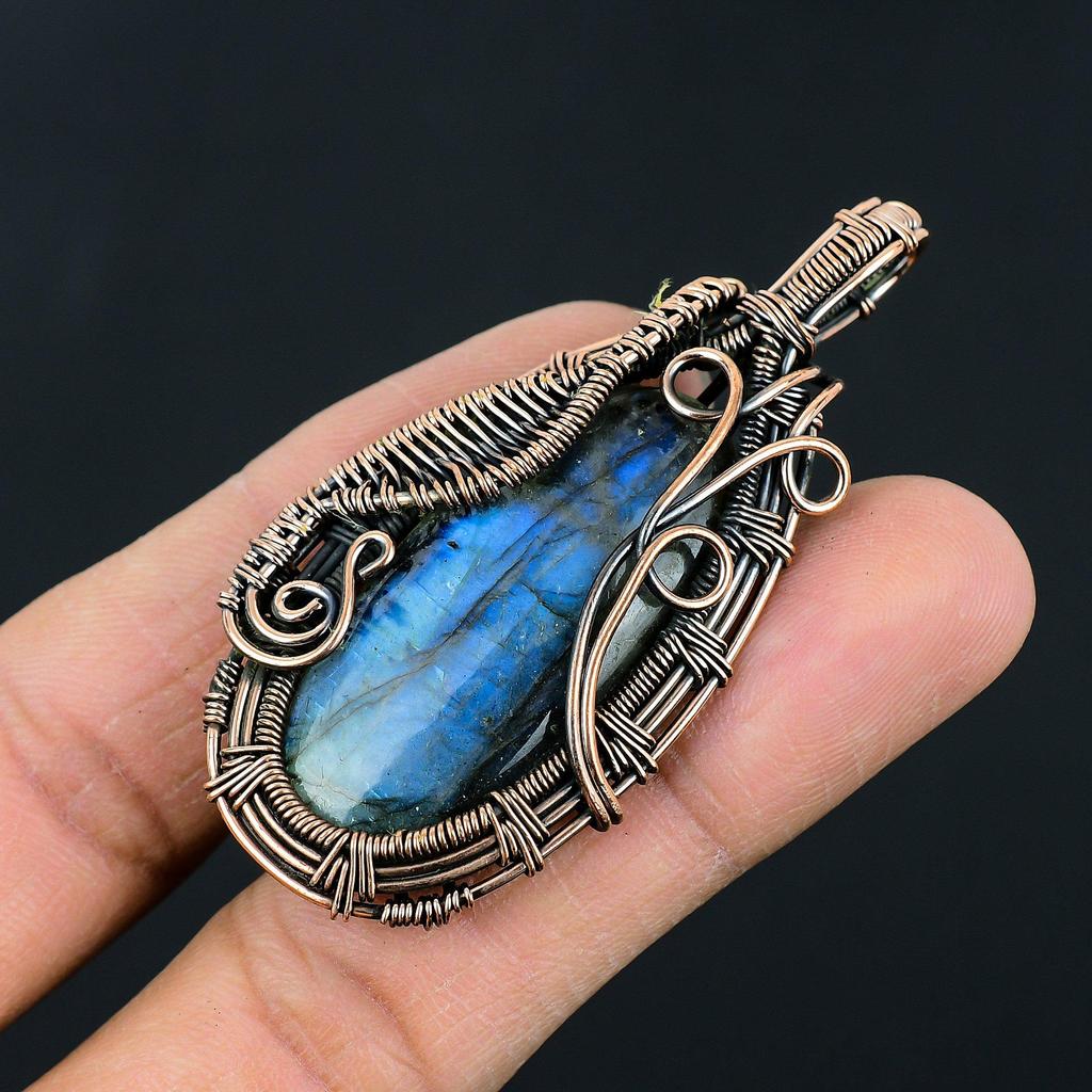 Handmade Labradorite Wire Wrapped Pendant Blue Flash Gemstone Necklace  Antique Copper Jewelry for Women & Men