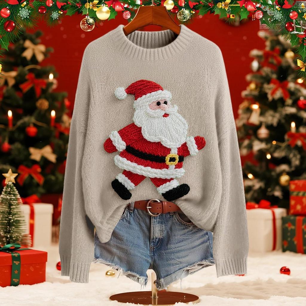 Women's Fashion Christmas Print Pullover Long-Sleeve  Neck Knit Sweater Top