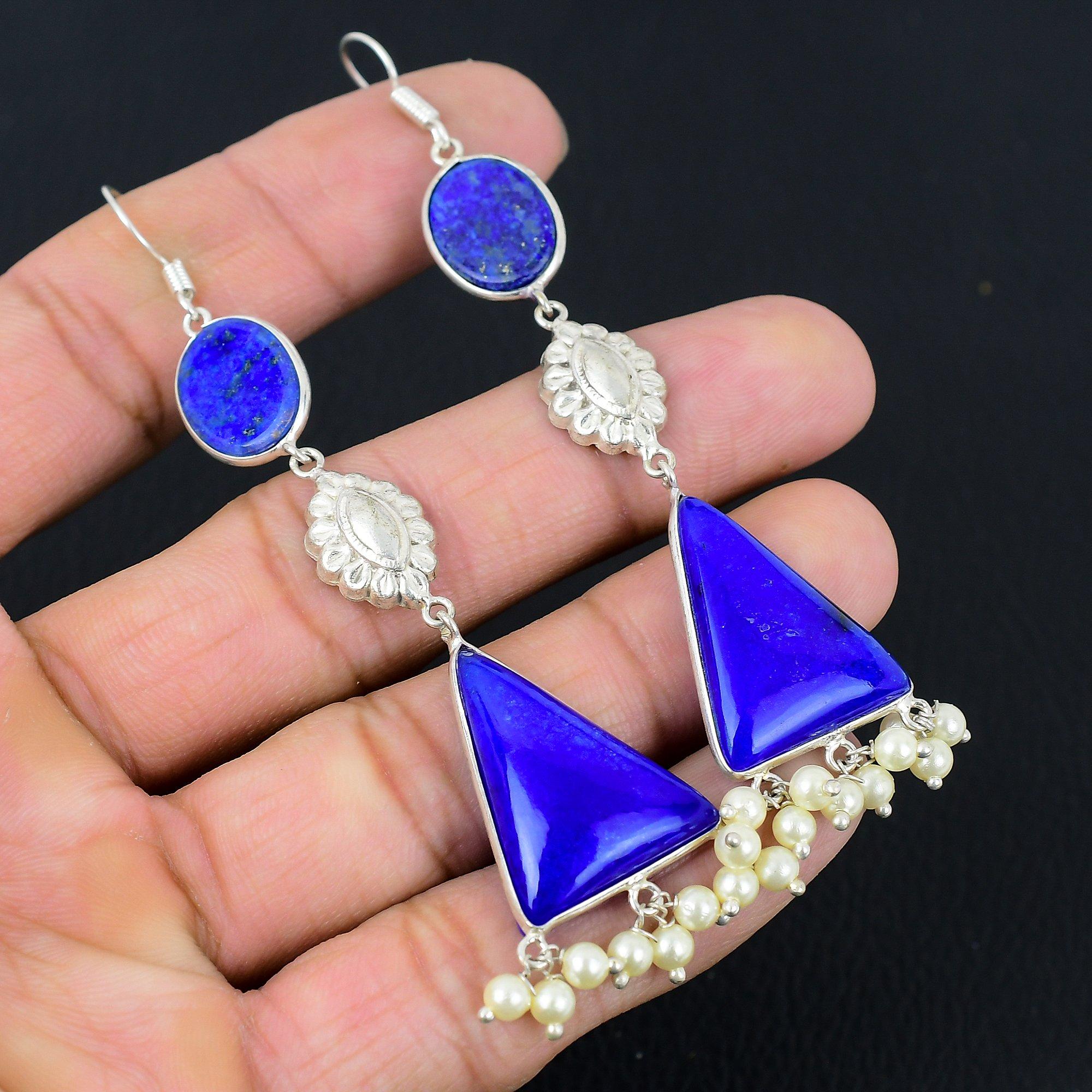 

Daughters Day Deal Lapis Lazuli Stone Sterling Silver Drop Dangle Boho Earrings