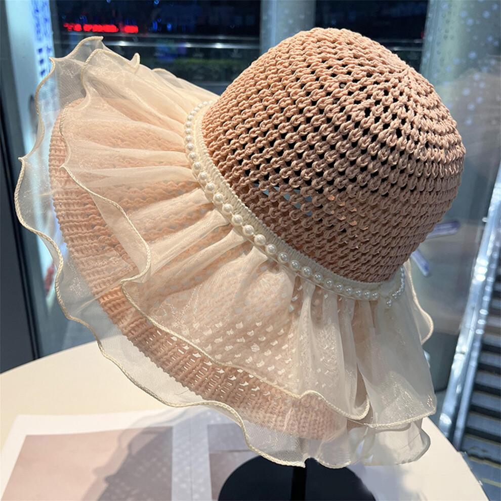 (One Size, Pink) Women's Woven Sun Hats Outdoor Fashionable Mesh Pearl Wide Brim Sun Protection Beach Hat