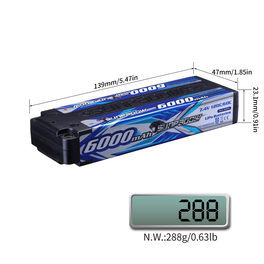 SUNPADOW 2S 7.4V 120C 6000mAh Hard Case RC LiPo Battery with 4mm Bullets for RC 110 Cars, Trucks, and Boats