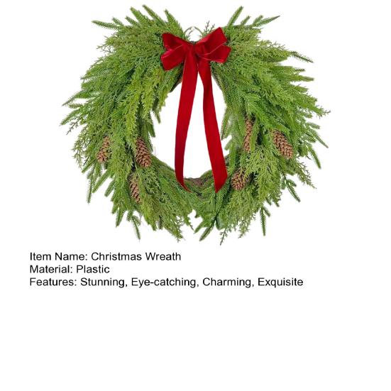 16 Inch Real Touch Norfolk Pine Christmas Wreath for Front Door Faux Cedar Greenery Wreath with Pine Cones And Bows for Wall Window Farmhouse Decor