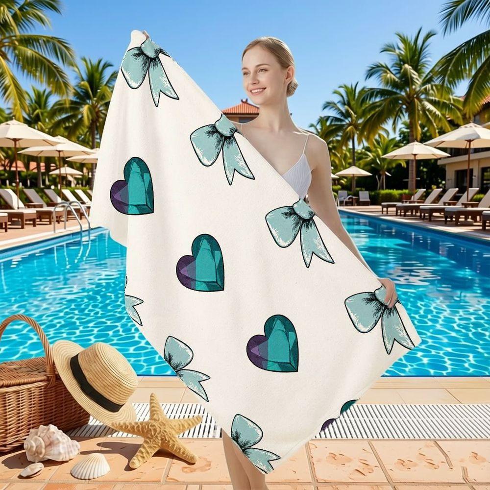 Luxury Glam Beach Towel Teal Gem Hearts With Matching Bows Sophisticated Design For Women At Pool Or Resort Spa