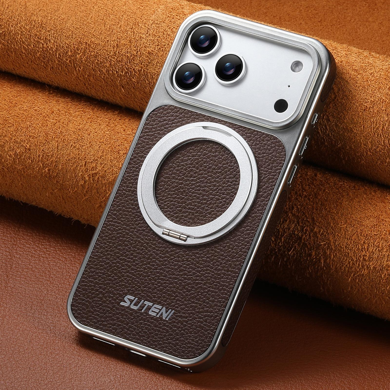 

Lychee Pattern Leather Phone Case for iPhone 17 Pro Max 16pro 15 14 13 Rotating Bracket Magnetic Wireless Charging Plating Cover iPhone 13 Pro коричневий