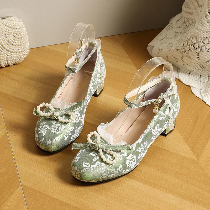 Shoes Shoes High Heels Horse Dress Cheongsam Hanfu Mary Jane Women's Shoes Green High Heels