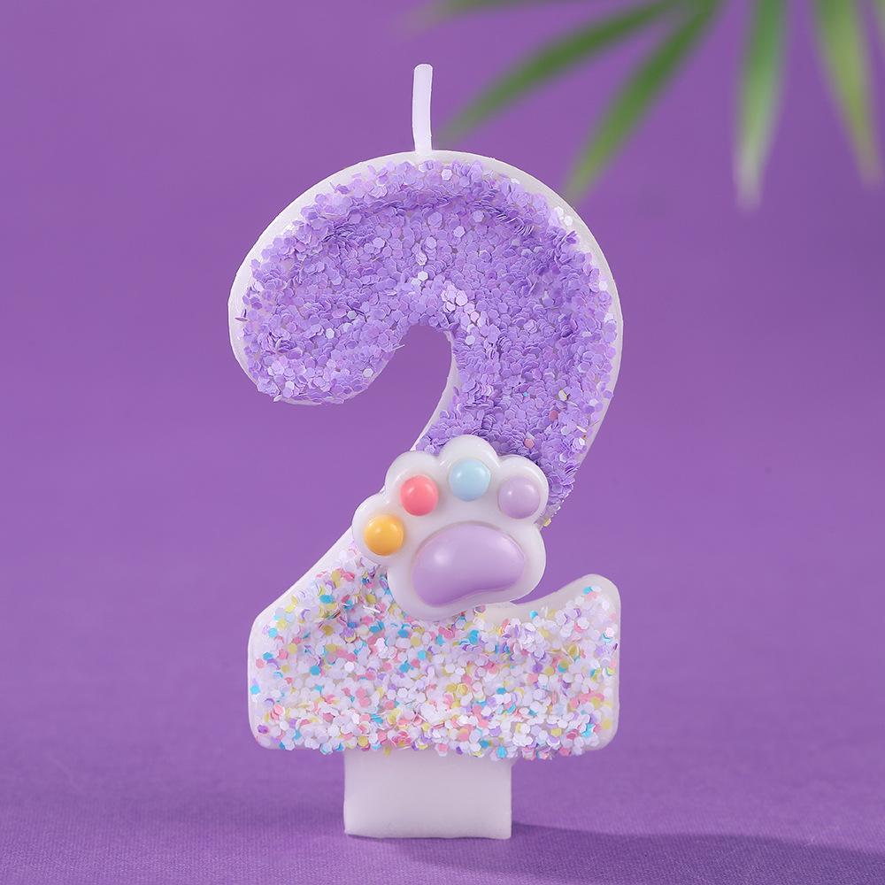 Dreamy Purple Gradient Cat Paw Number Candles - Creative Cartoon Cake Decorations