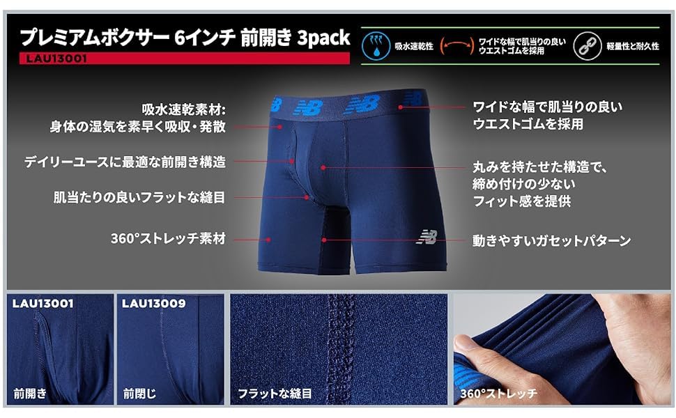 New Balance Premium Boxer Front Black Size M Size Men's Briefs, 6-inch, Opening, 3-Pack (LAU13001), Quick-Drying, (Black/Black), (Japan L)