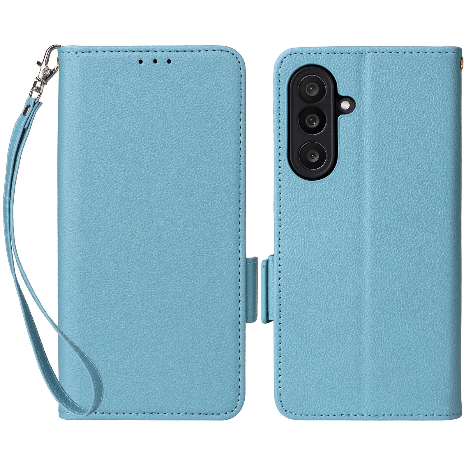 

For Samsung Galaxy M56 5G Case with Wrist Strap Litchi Texture PU Leather Wallet Phone Cover Baby Blue