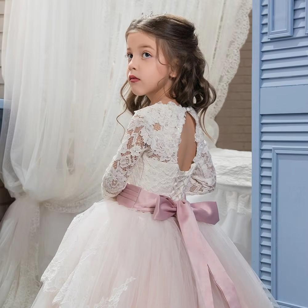 Light Pink Flower Girl Dress Quality Lace Applique for Wedding Ball Gowns Junior Bridesmaid Kids Birthday Party Princess