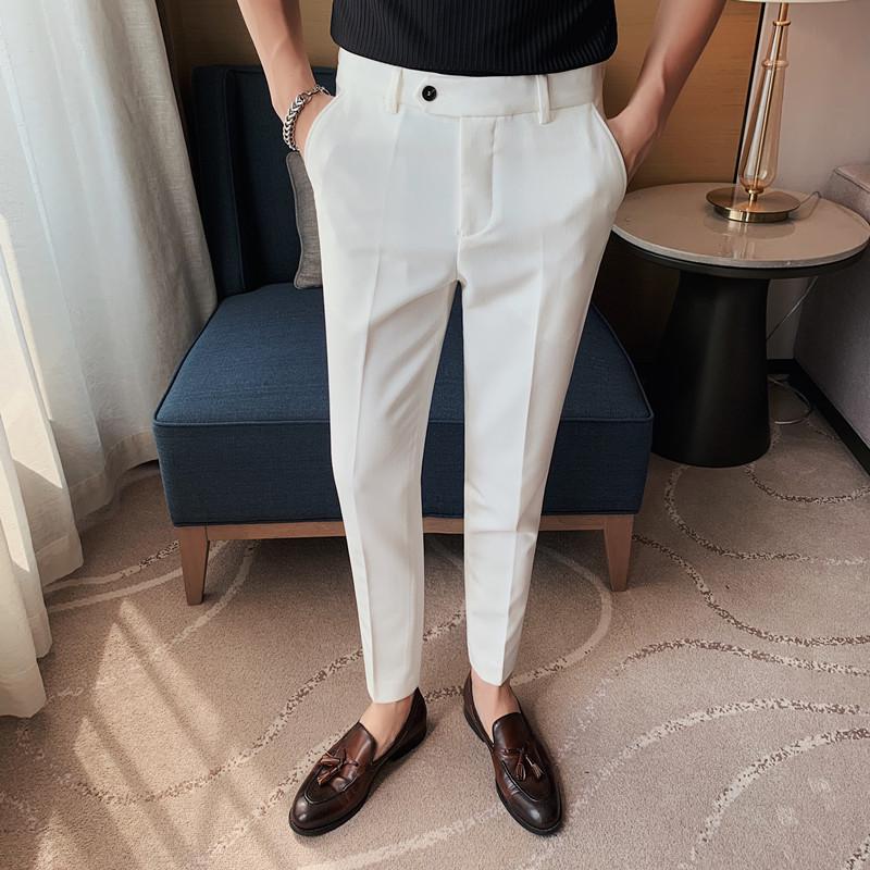 Korean Slim Fit Men's Nine-Point Stripe Dress Pants - Summer Lightweight Casual Skinny Trousers