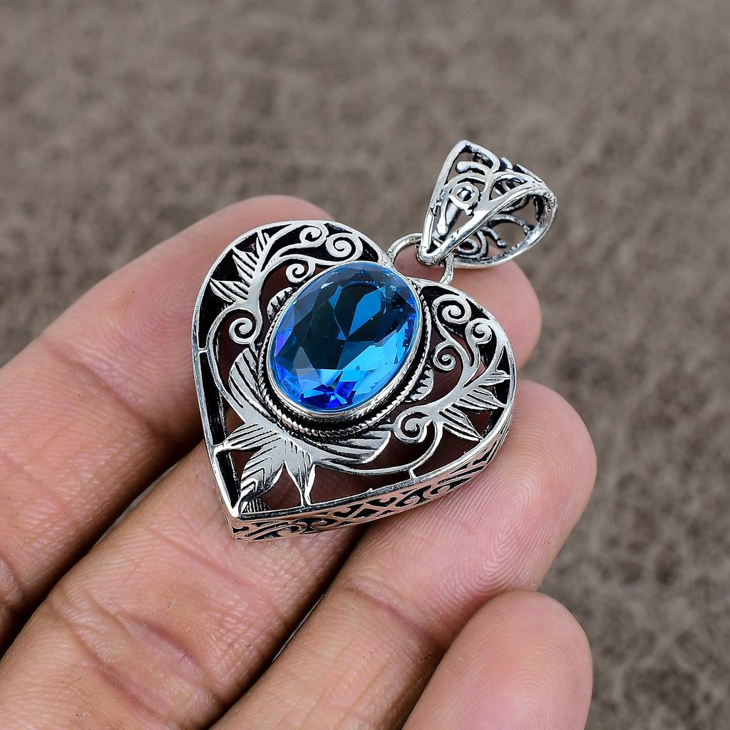 Blue Topaz Gemstone Handmade 925 Sterling Silver Jewelry Pendant 1.77" KKG-13