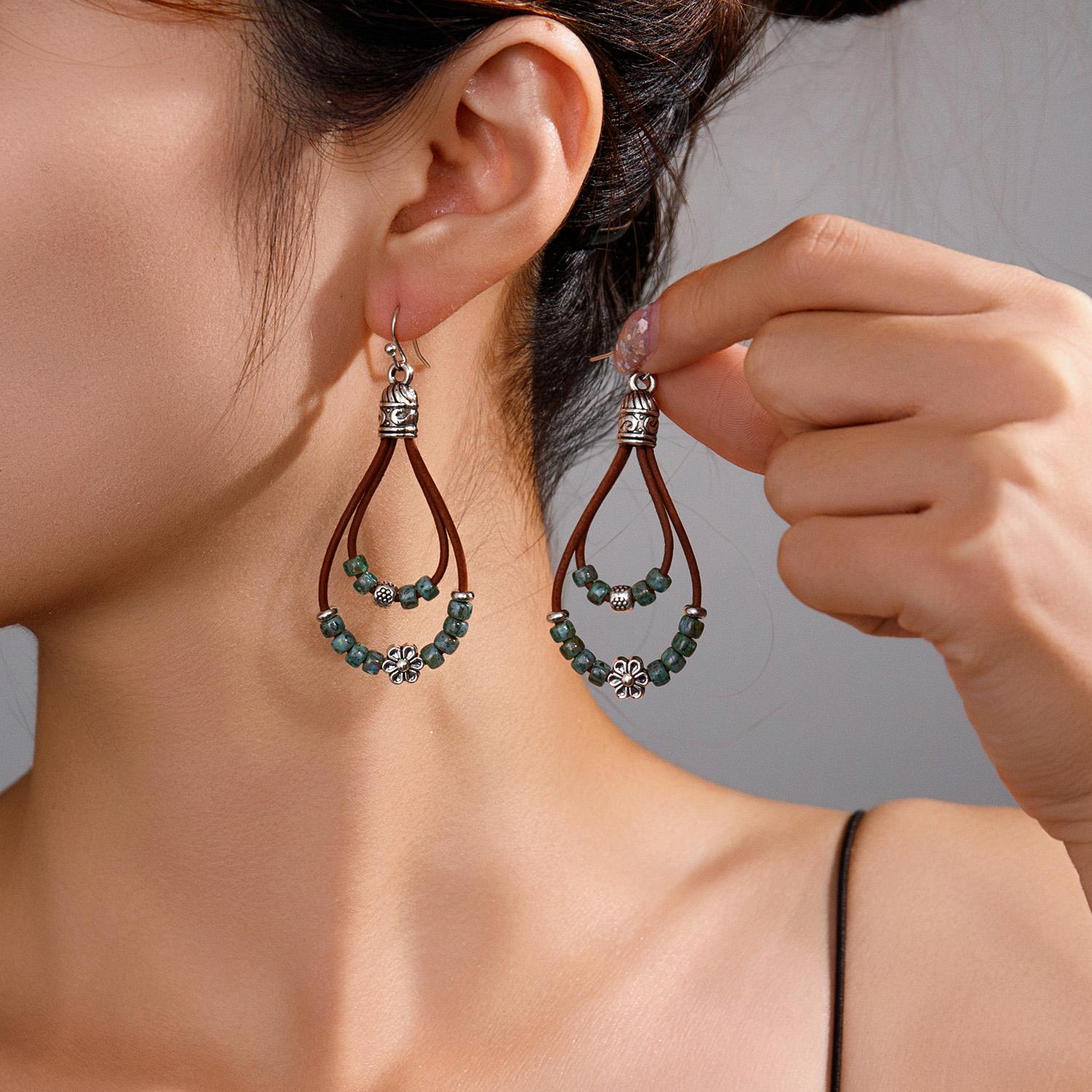 

Double layer Picasso bead leather rope woven eco-friendly women s earrings for daily versatility