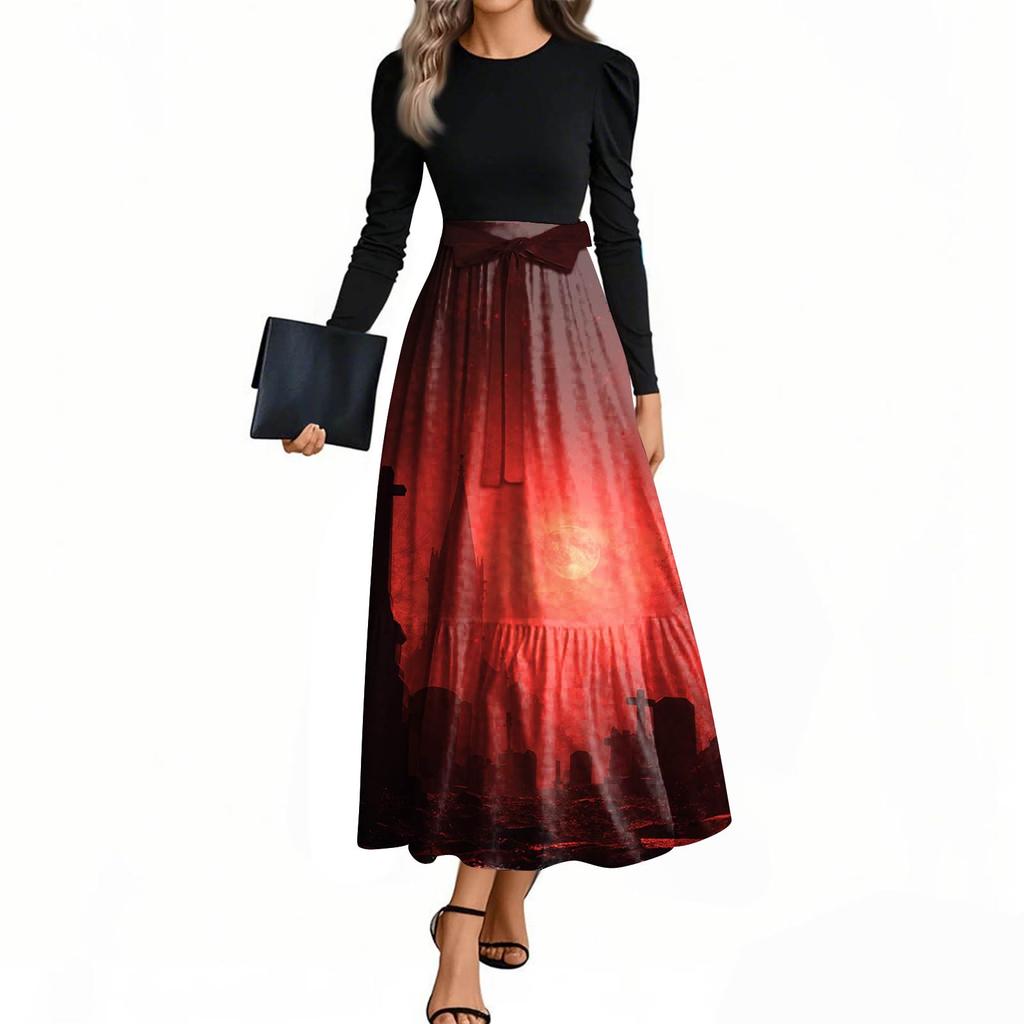 Women's Fashion Casual Belted Long Sleeve Round Neck Halloween Printed Elegant Temperament Dresses