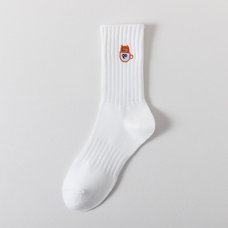 Cityboy Men’s Autumn/Winter White Cartoon Embroidery Socks - Trendy, Sweat-Absorbing Mid-Calf Sports Socks