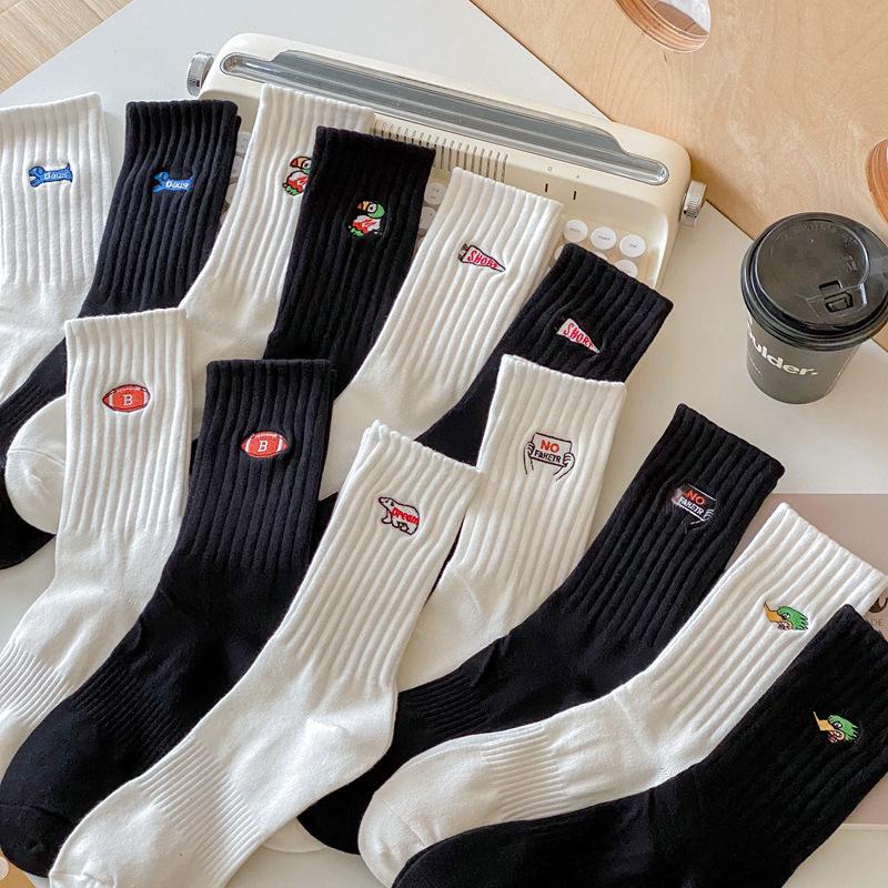 Men's Trendy Mid-High Cotton Socks with Polar Bear Embroidery - Black & White Sports Long Socks