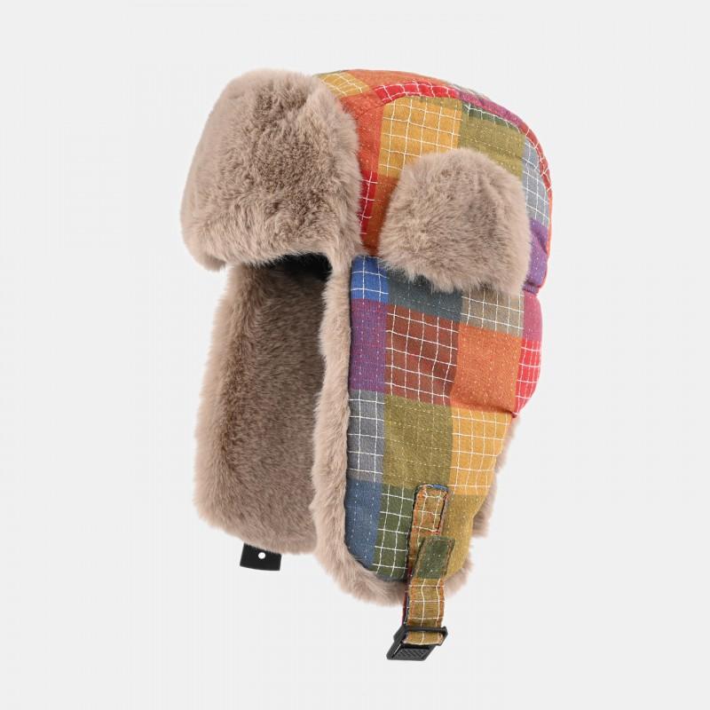 Unisex Retro Colorblock Plaid Fleece Lined Winter Warm Beanie Hat With Ear Protection