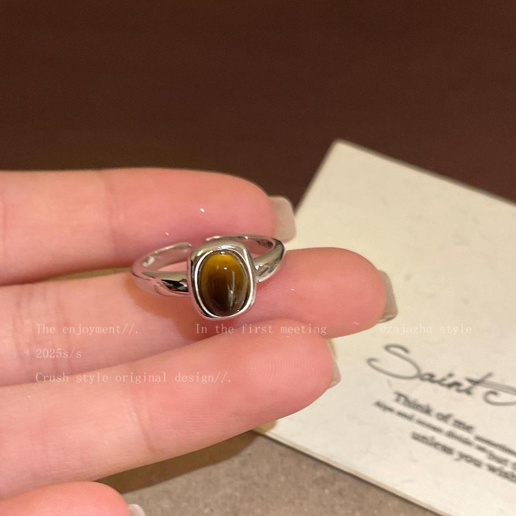 Retro Malachitowe Oko Tygrysa Posrebrzany Pierścionek Stackable dla Kobiet - Modny Dodatek na Palec Wskazujący