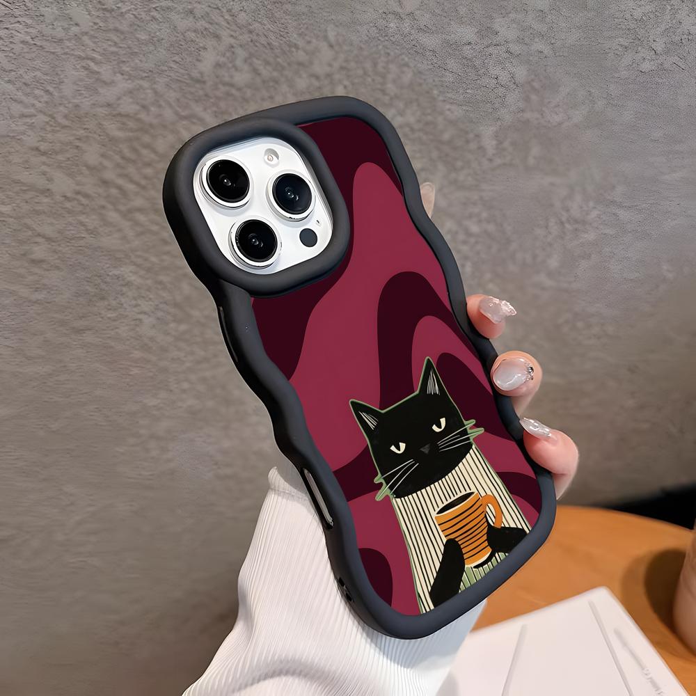 Cute Coffee Cat Wavy Edge TPU Mobile Phone Case for iPhone 17 16 15 14 13 12 11 Air Pro Max Plus Colorful Cover
