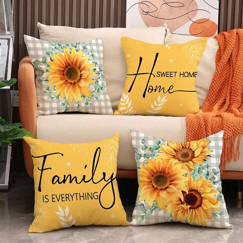 1pc Spring Themed Alphabet, Leaves, Sunflower Decorative Yellow Pillow Cover For Sofa, Couch, Home Deco