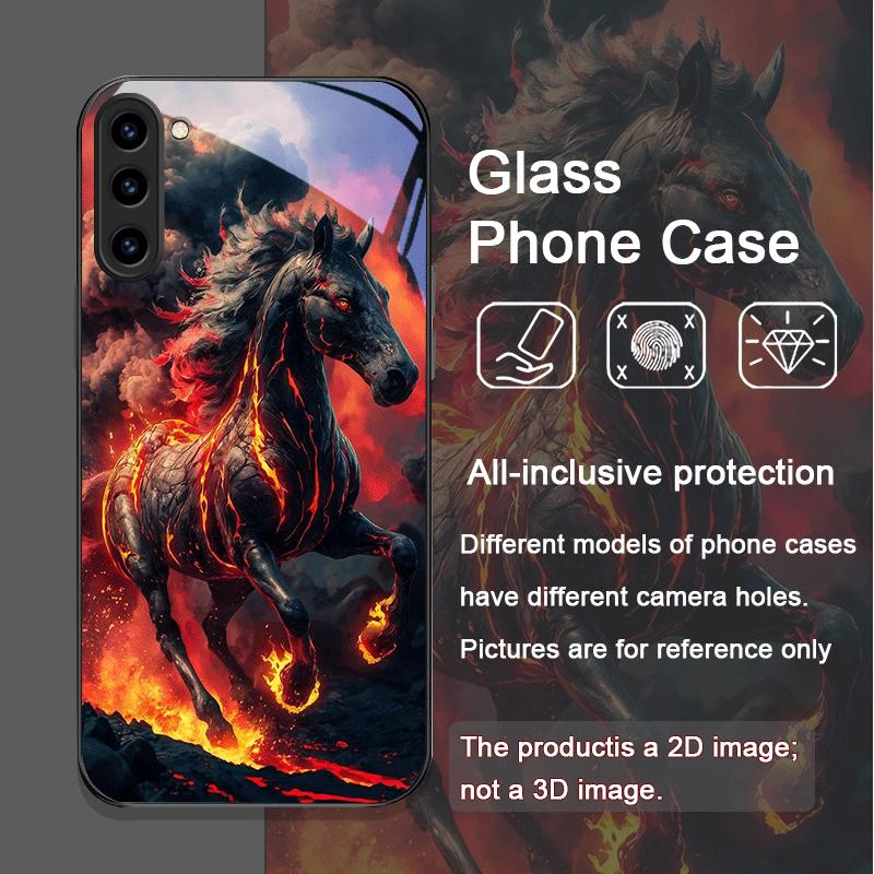 Kreatywne etui ze szkła hartowanego z wzorem czarnego konia i płomieni dla Samsung Galaxy S25 Ultra S24 S23 Plus S22+ S21 S20 FE 5G