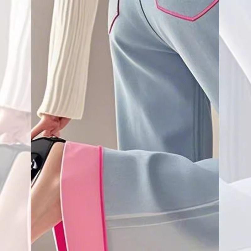 Sweet and Cool Color Block Denim Wide Leg Pants Women High Waist Loose Casual Trousers
