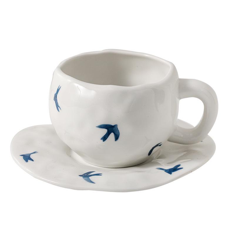 Ins Style Hand-Painted Retro Floral Irregular Coffee Cup and Saucer