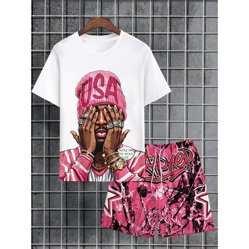 Men s 2-piece short-sleeved shorts set, streamlined and casual design, S