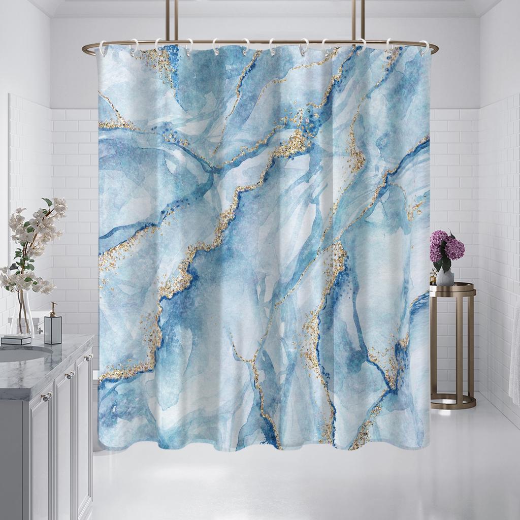 1 Piece of 180x180cm Blue Marble Pattern Digital Printing Shower Curtain Partition Bathroom Waterproof and Mold Resistant