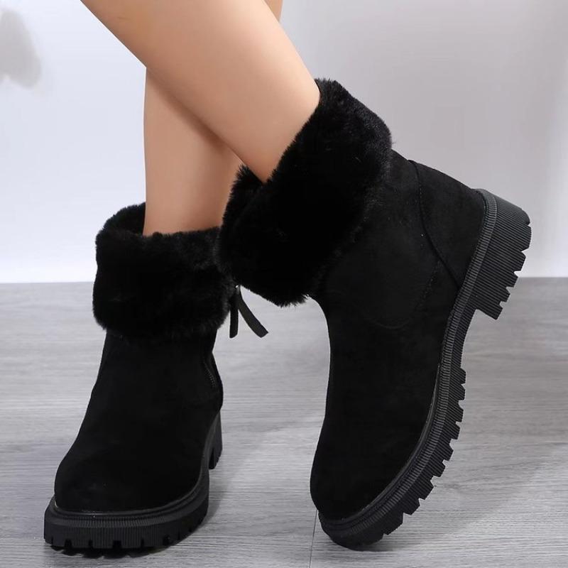 Winter New Large Size Women's Boots Solid Color Plush Shoes Side Zipper Low Heel Warm Cotton Boots Women