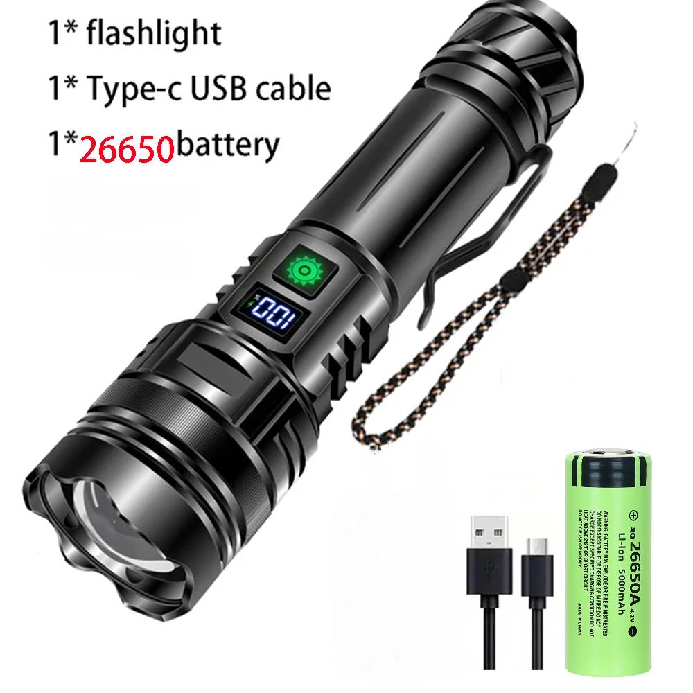 USB Rechargeable High Power LED Flashlight Outdoor Camping Lighting Long Range Emergency Tactical Lantern with Power Display