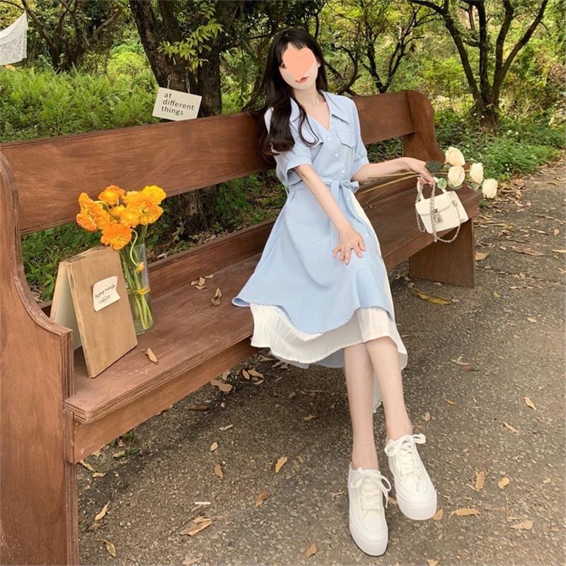 Abito Chemisier da Maternità da Donna Scollo a V con Cintura Midi Patchwork Chiffon Casual Abito per la Gravidanza