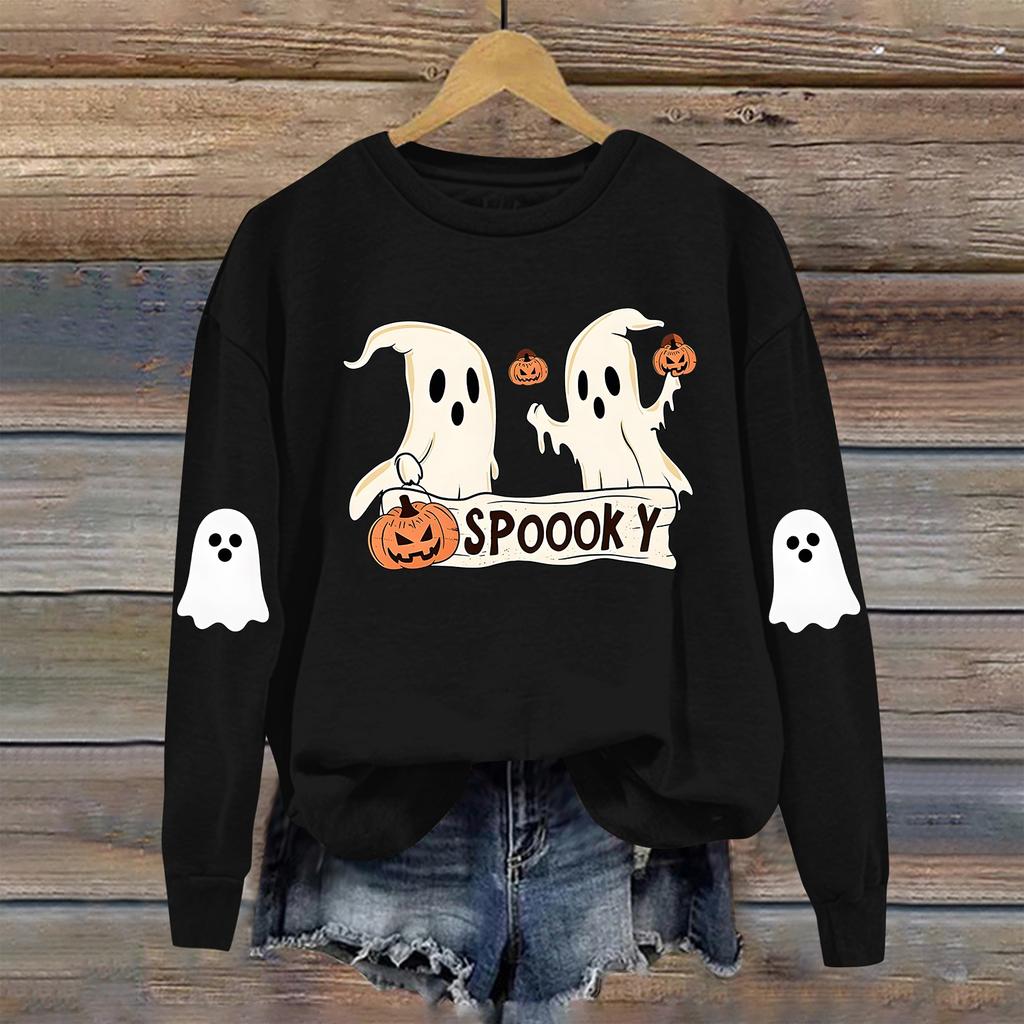 Dame Moteable Casual Langermet Halloween Trykket Rundhals Topp