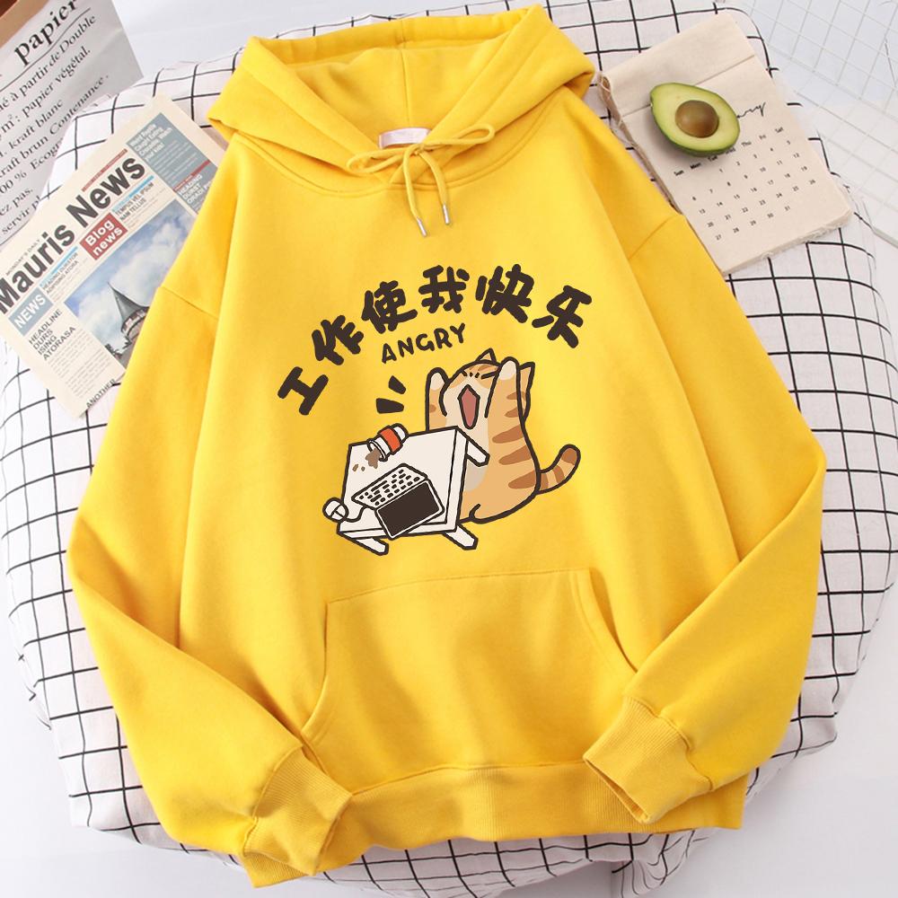 Fat Cat Slogans Work Is My Joy Clothing Casual High-Quality Hoodies Cartoon Fashion Hoody Daily Leisure Women's Sweater