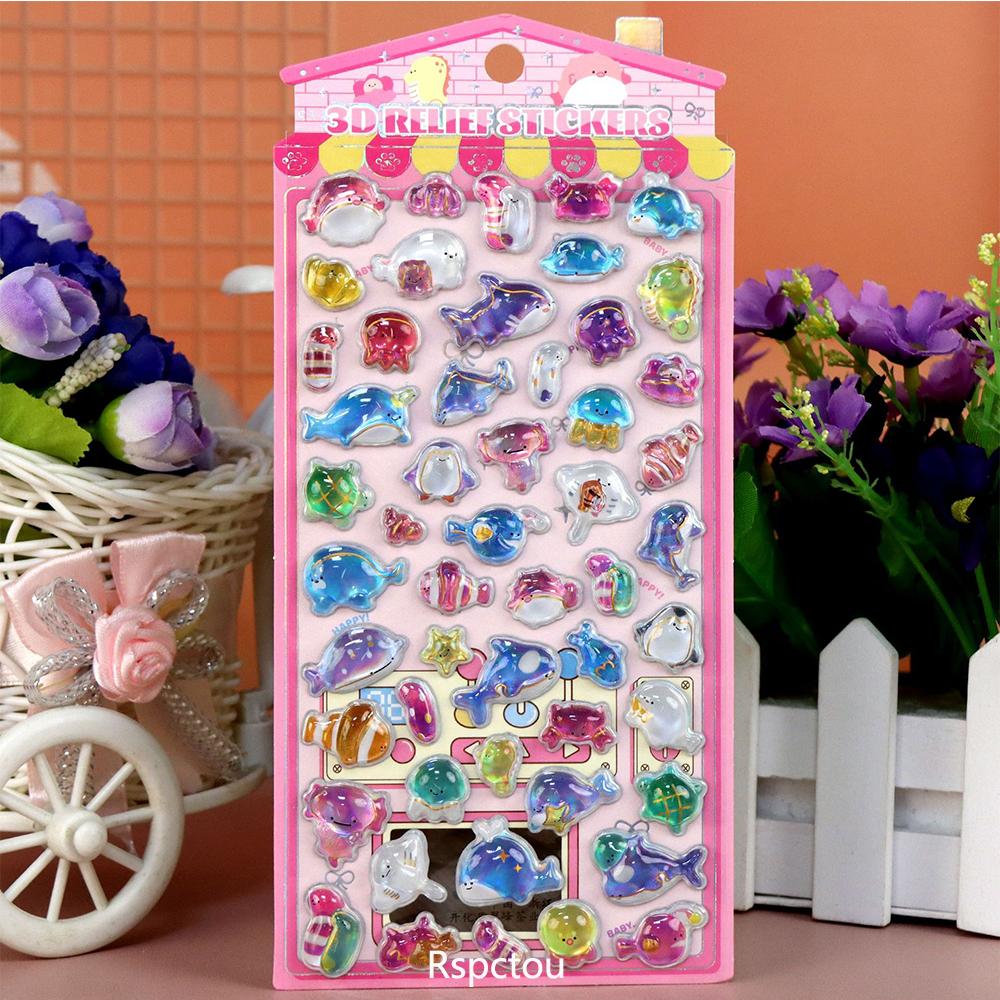 1pcs Cute Rabbit Bear Food Cartoon 3D Crystal Stickers Funny Marine Animals Three-dimensional Relief Decals for Notebook Phone