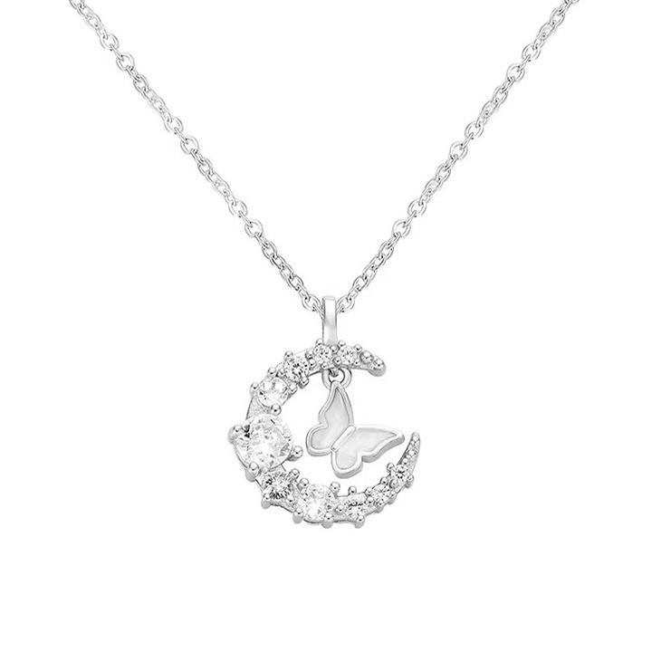 

Moon And Butterfly Necklace For Women With Sparkling Crystal Pendant Elegant Luxury Fashion Jewelry Birthday Gift 1