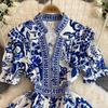 Summer Women Designer Vintage Print Runway Dress Elegant V-neck Single Breasted Party Dresses