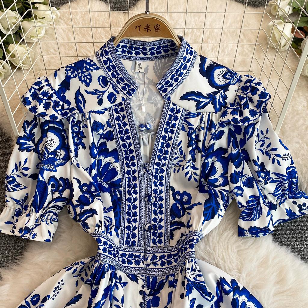 Summer Women Designer Vintage Print Runway Dress Elegant V-neck Single Breasted Party Dresses