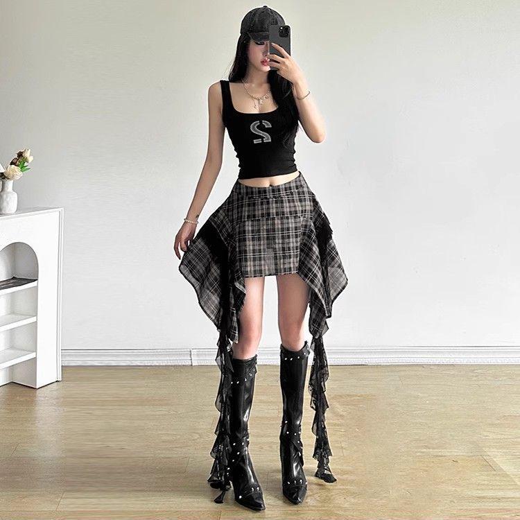 Women's High-Waisted Plaid Skirt - Retro Fashion, Flowy Belted Design, Slimming Irregular Hem