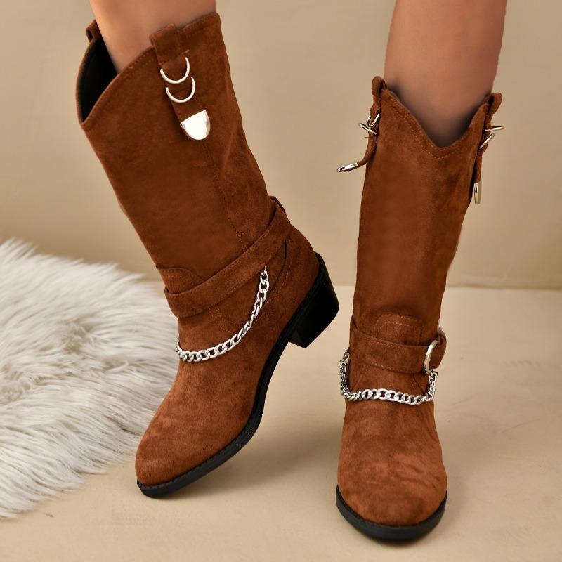 Fashion Women's Winter Rough-heeled Cotton Boots Pointed Bull Suede Sleeve Metal Chain Anti-slip and Anti-wear Rider Boots