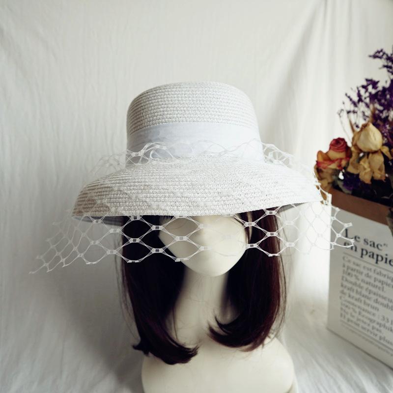 French Elegant Retro Mesh Black Bell-Shaped Basin Hat Women'S Summer Sunshade Sunscreen Beach White Fisherman Top Hat Straw Hat