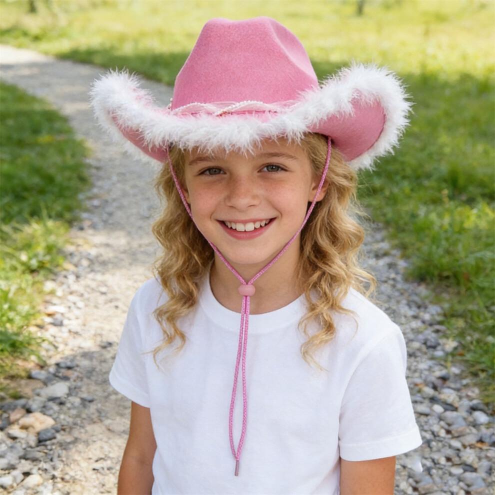 (M, Pink) Girls Cowgirl Hat Plush Edge Stylish Western Sun Hat with Pearl Ribbon Bow Belt Decor