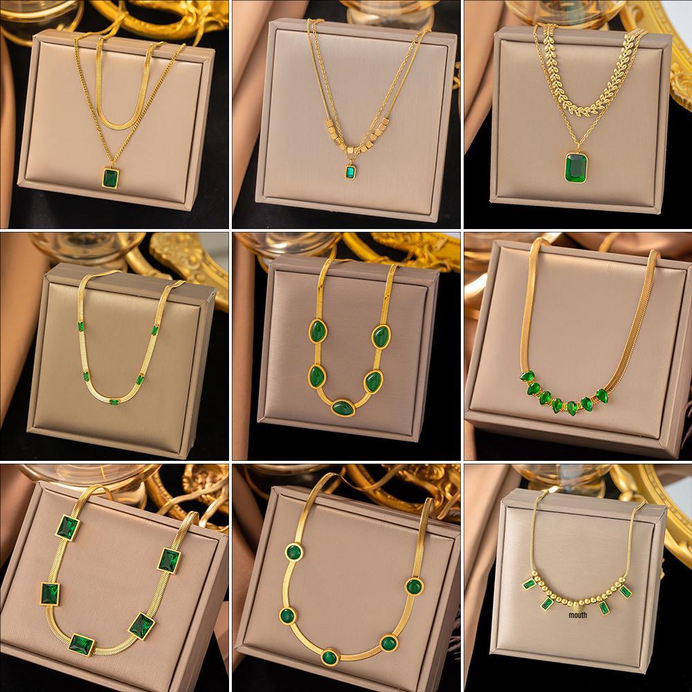 Stainless Steel Necklace with Green Zircon Pendant, Light Luxury Fashion Clavicle Chain