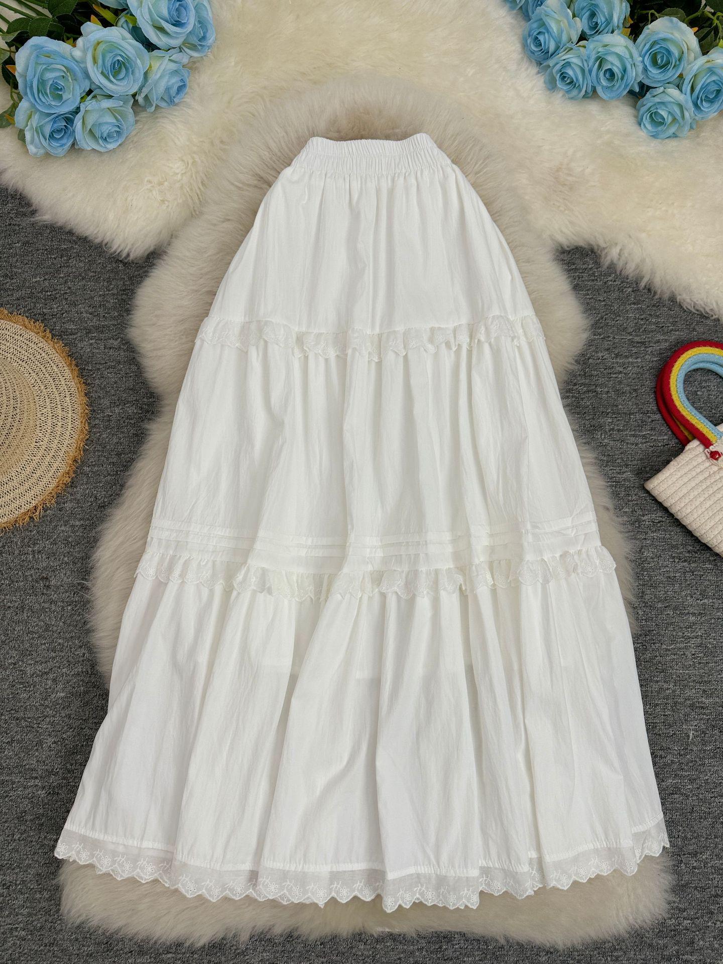 2025 Autumn/Winter Japanese-Korean Patchwork Lace A-line Midi Skirt One Size белый