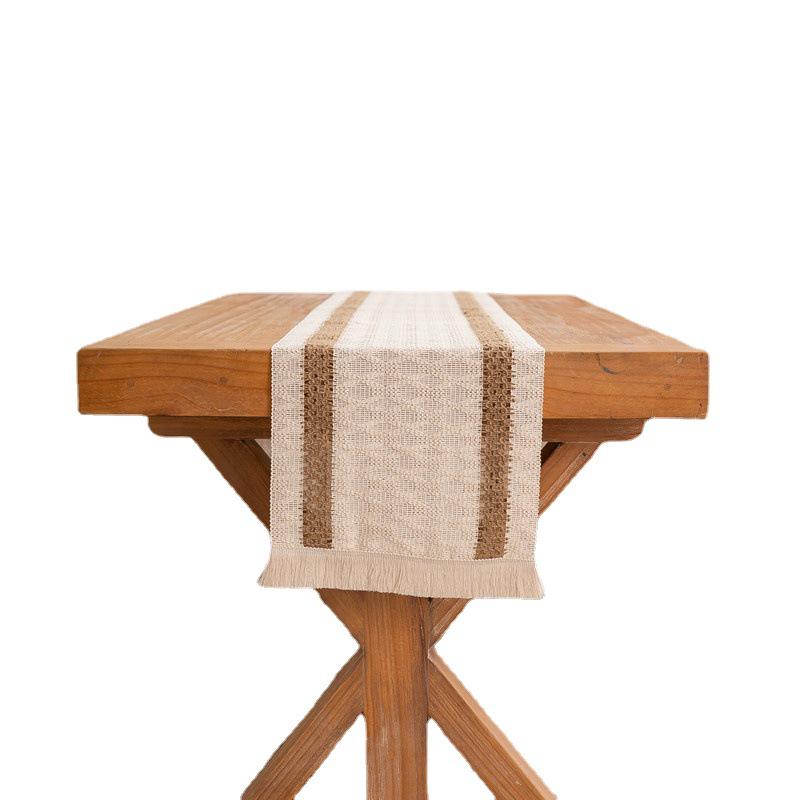 American Cotton Linen Table Runner, Natural Color with Tassels, Stripes, Diamonds, and Plaid Pattern for Dining Table or Sideboard Decoration.