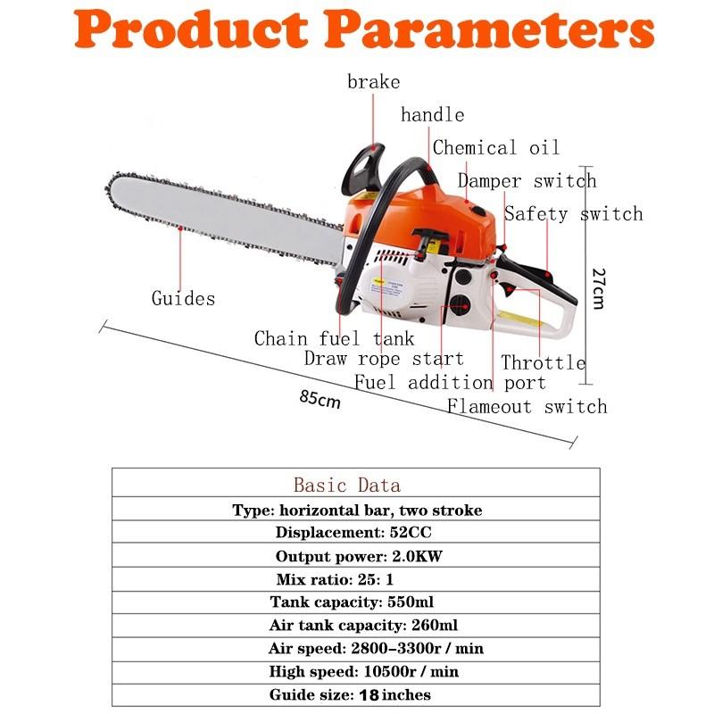 20 Inch High Power Handheld Gasoline Chain Saw 52CC Heavy Duty Wood Cutter Cordless Portable Logging Chainsaw