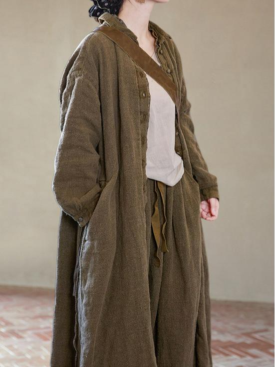 Autumn Barn Wind Trench Coat: Incense Color Ramie Cotton Long Sleeve Versatile Dress Coat C0930