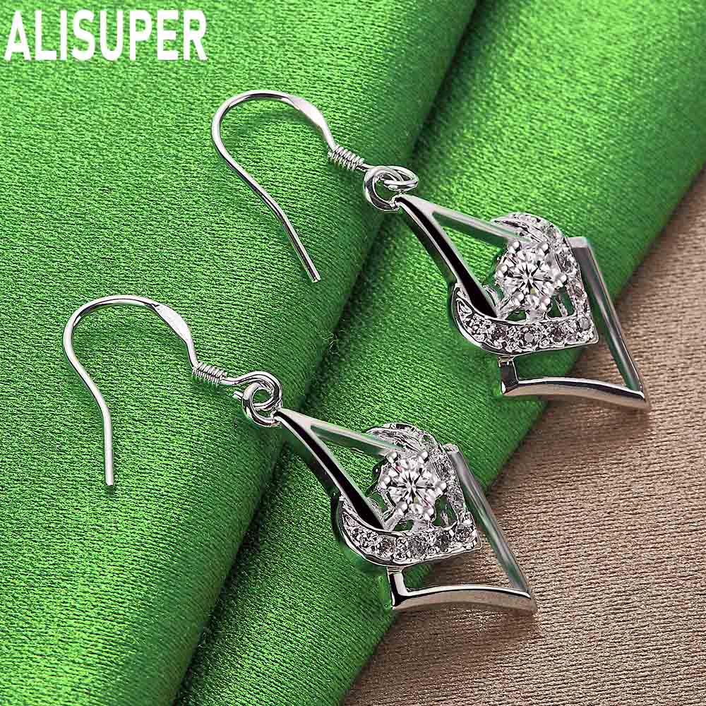 925 Sterling Silver Geometric Diamond Heart Earrings Set With AAA Zircon - Stylish Evening Jewelry