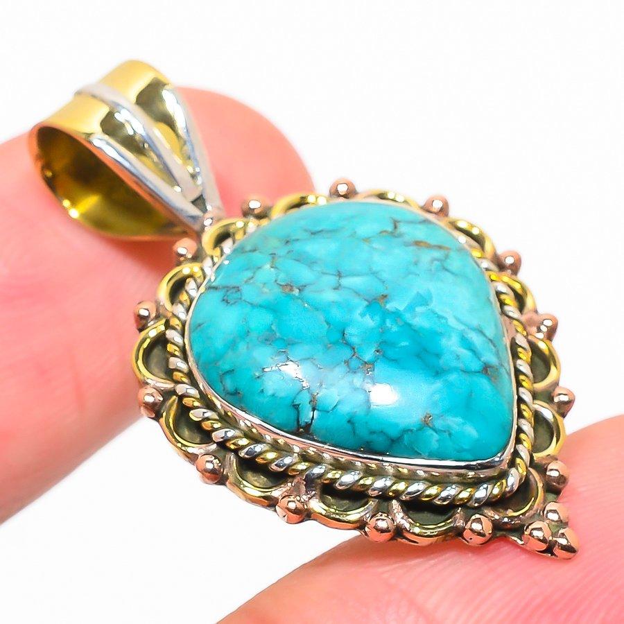 Natural Tibetan Turquoise Two Tone 925 Solid Sterling Silver Pendant 1.50'' d7K47
